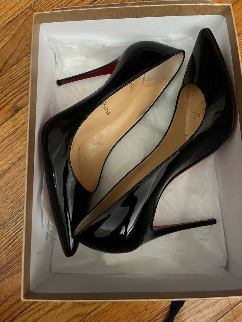 Christian Louboutin Black Patent Pointed-Toe Stiletto Pumps with Red Soles